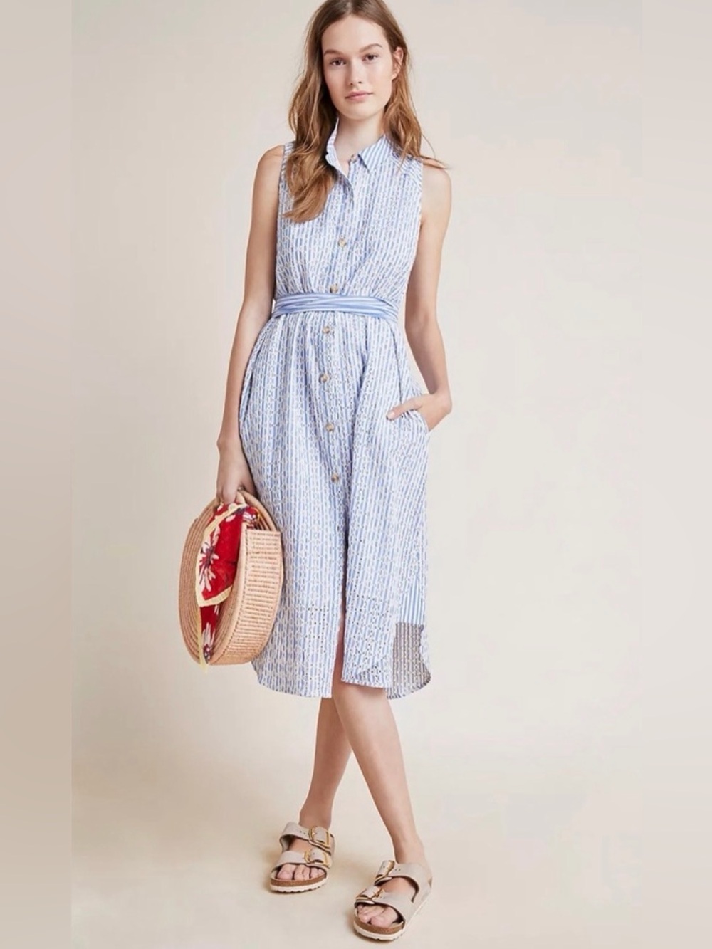 ANTHROPOLOGIE Kismet Shirt Dress Eyelet Blue and White Cotton 4
